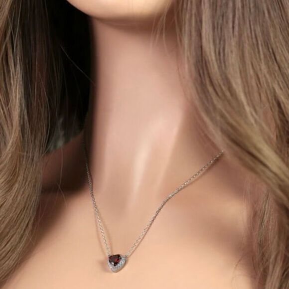 Sterling Silver Dark Garnet and Heart Halo Necklace New - Picture 2 of 7